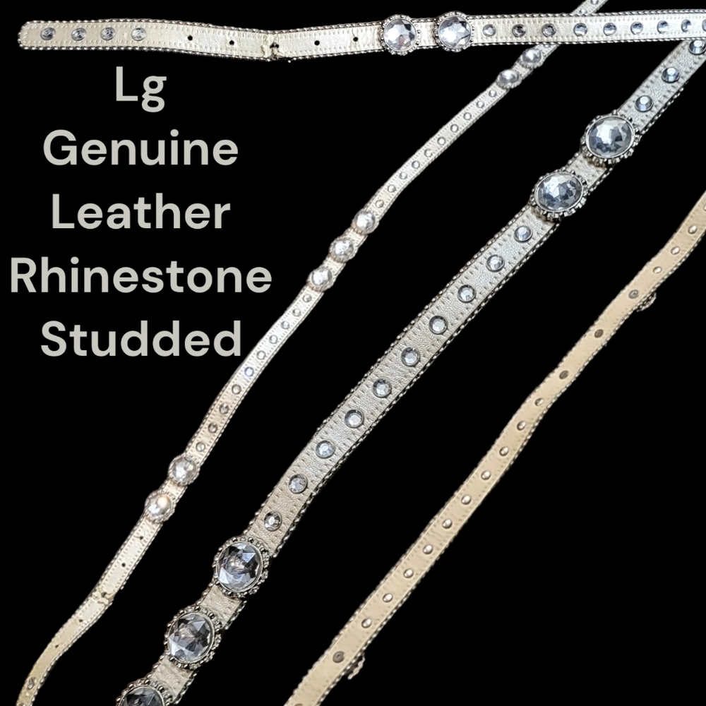 Genuine Leather and Rhinestone Studded Thin Buckle Belt LG